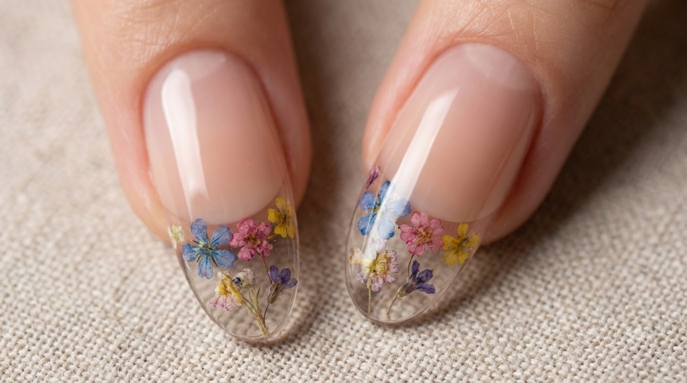 Manicura Francesa Inversa con Flores Secas Transparentes — Tutorial Paso a Paso