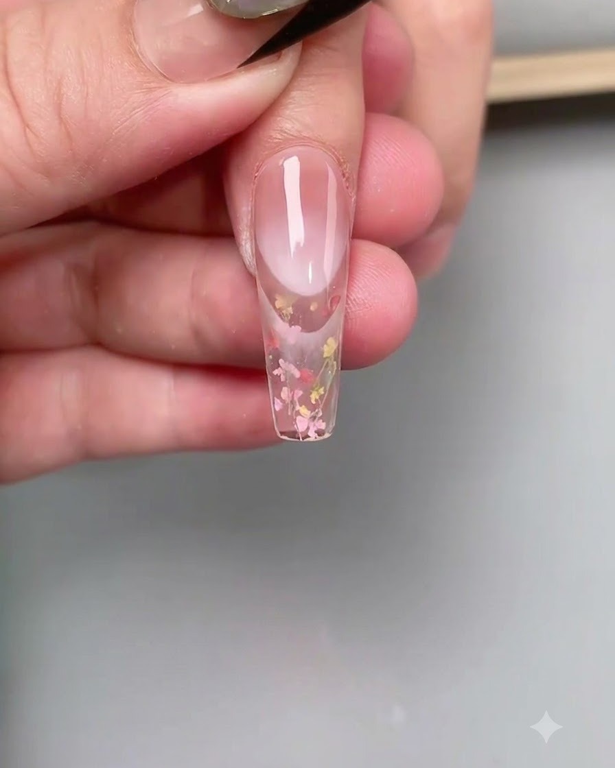 Un pincel de uñas fino ajustando y aplanando pequeñas piezas florales en la uña.