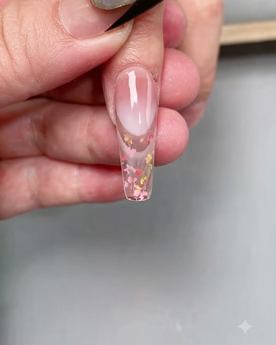 Una uña colocada bajo una lámpara de curado UV/LED profesional para fijar el top coat en la punta.