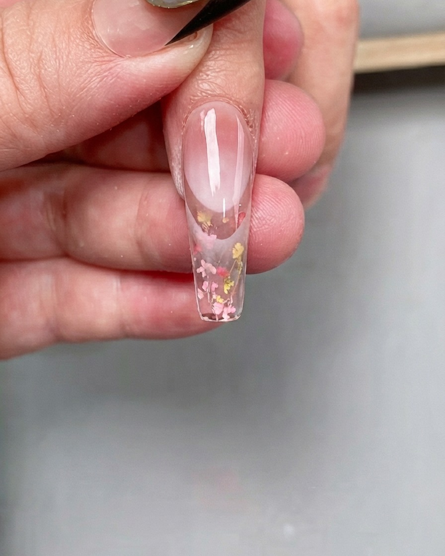 Un pincel aplicando un top coat transparente especial sobre una uña larga en forma de ataúd incrustada con coloridas flores secas.