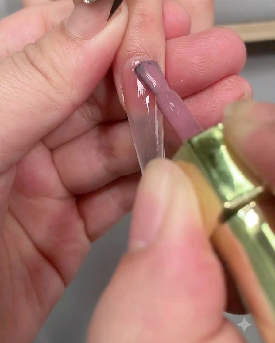 Un pincel aplicando capa base transparente de manera uniforme sobre toda la superficie de una uña larga en forma de ataúd.