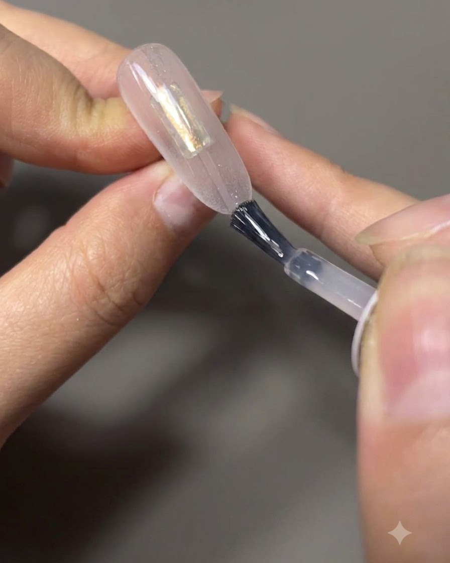 Un pincel difuminando y estirando el esmalte de gel hacia abajo en una uña con forma de almendra para crear un efecto ombré.