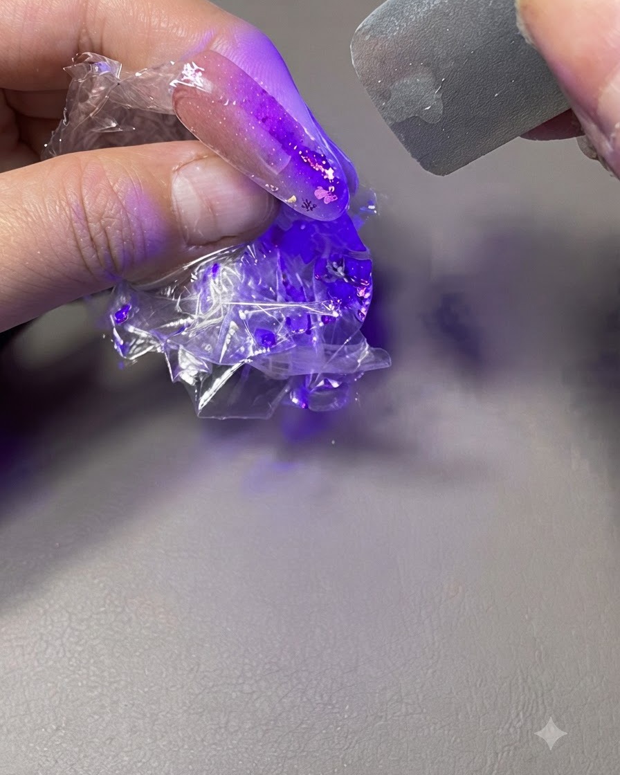 Una mano sosteniendo una uña envuelta en film transparente bajo una luz de curado UV/LED morada.