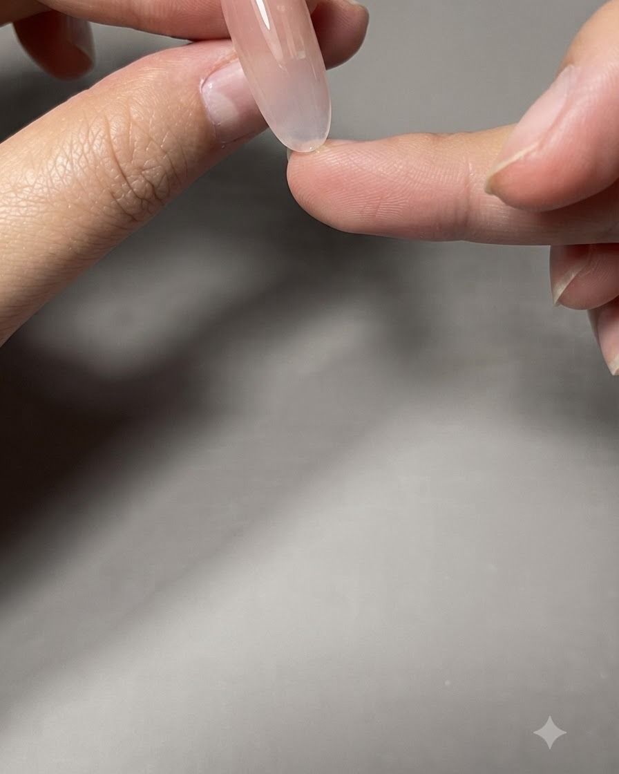 Primer plano de una mano aplicando gel de fortalecimiento sobre una uña de color nude.
