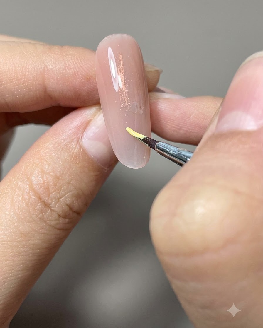 Un pincel delineador fino aplicando una pequeña forma de corchete amarilla sobre una uña nude.