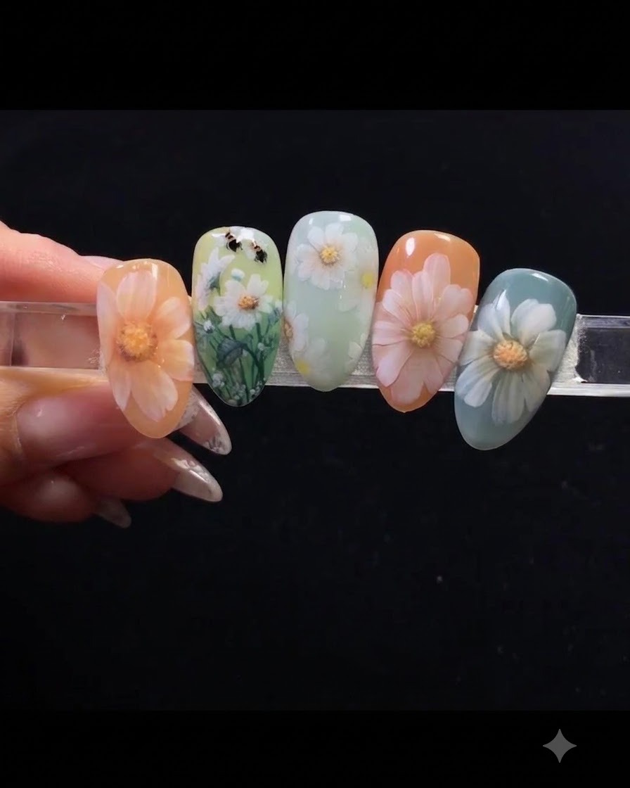 Un pincel de detalles colocando pequeños puntos de gel blanco sobre una uña con color para trazar los pétalos de la margarita.