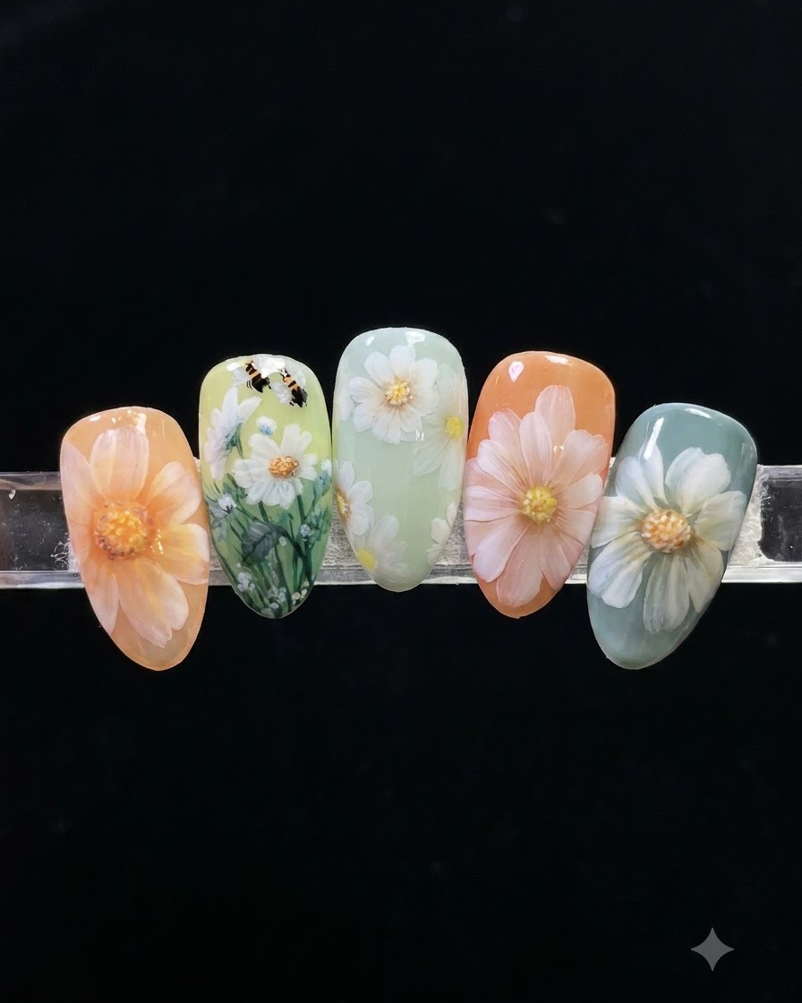 Un pincel de arte de uñas presionando y tirando suavemente del gel blanco hacia adentro para formar pétalos de flores cónicos.