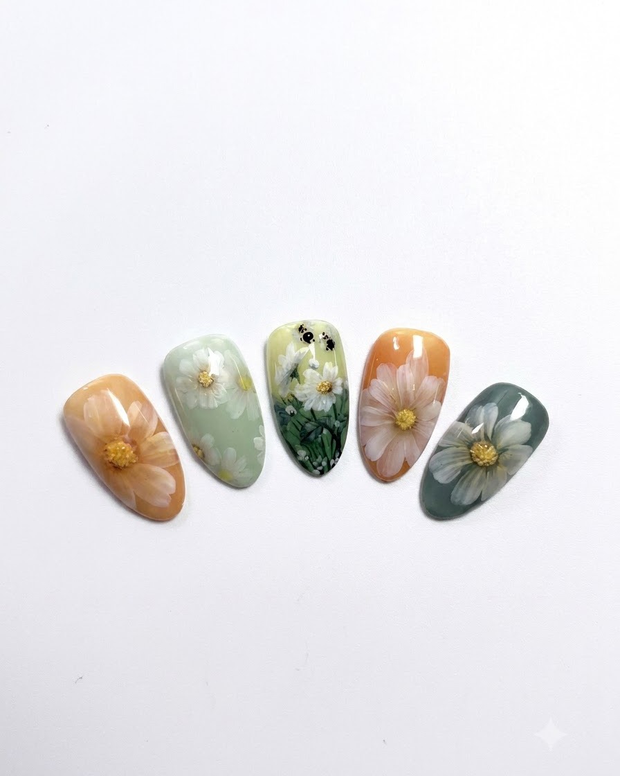 Una mano completa con uñas de margaritas recién pintadas colocadas bajo una lámpara de curado.