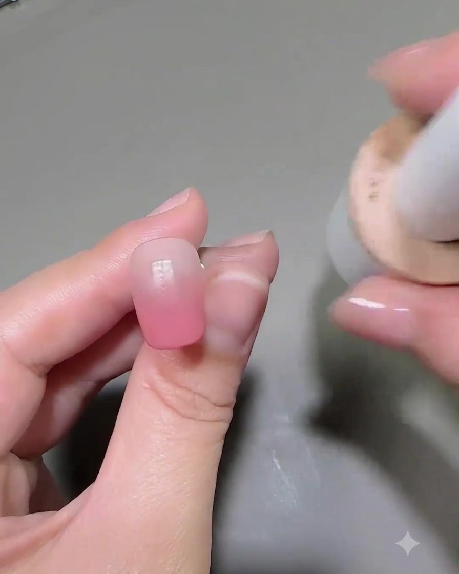 Un pincel aplicando una capa de color gel rosa claro suave sobre una uña con degradado previo.