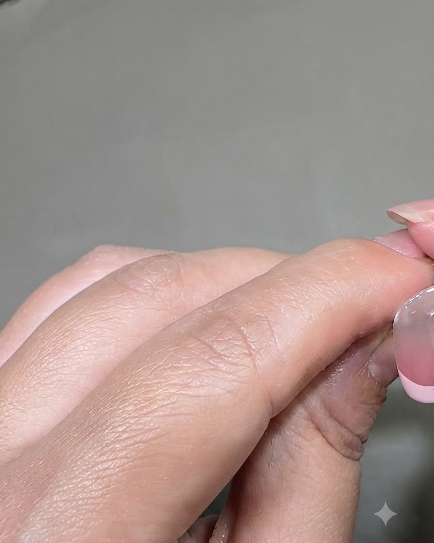 Un pincel liner fino aplicando una línea de esmalte rosa a lo largo del borde de una uña para crear un efecto de manicura francesa.