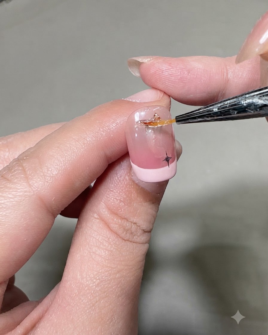 Herramienta de detalle colocando un estrás transparente pequeño junto a una pegatina de estrella negra en una uña con manicura francesa rosa.