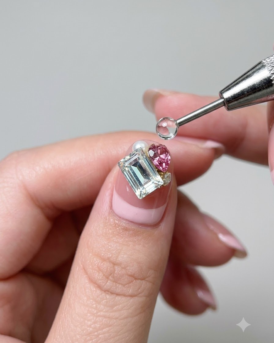 Una herramienta de punteo colocando elementos como un cristal de corazón rosa y una pequeña perla junto a un diamante rectangular grande en una uña.