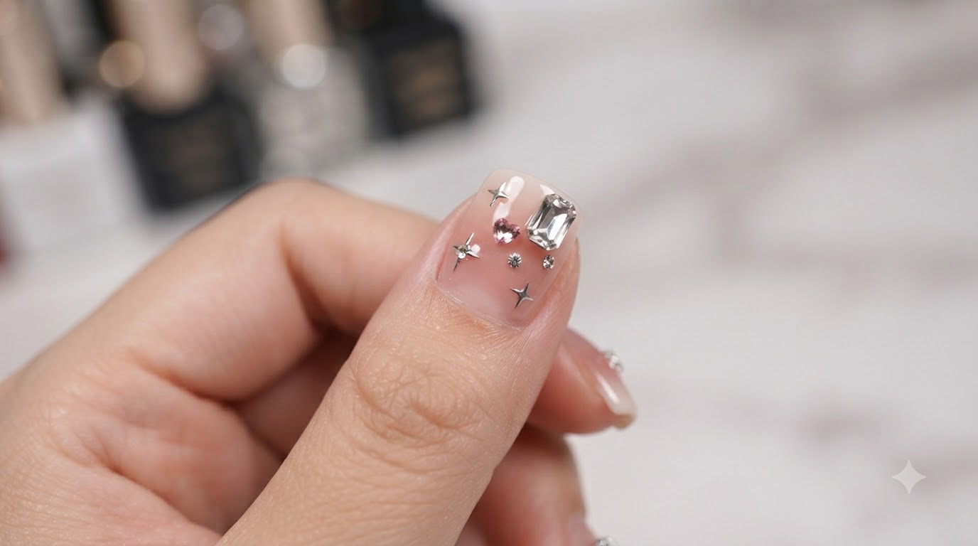 Uñas cortas estilo sweet con degradado francés y estrellas