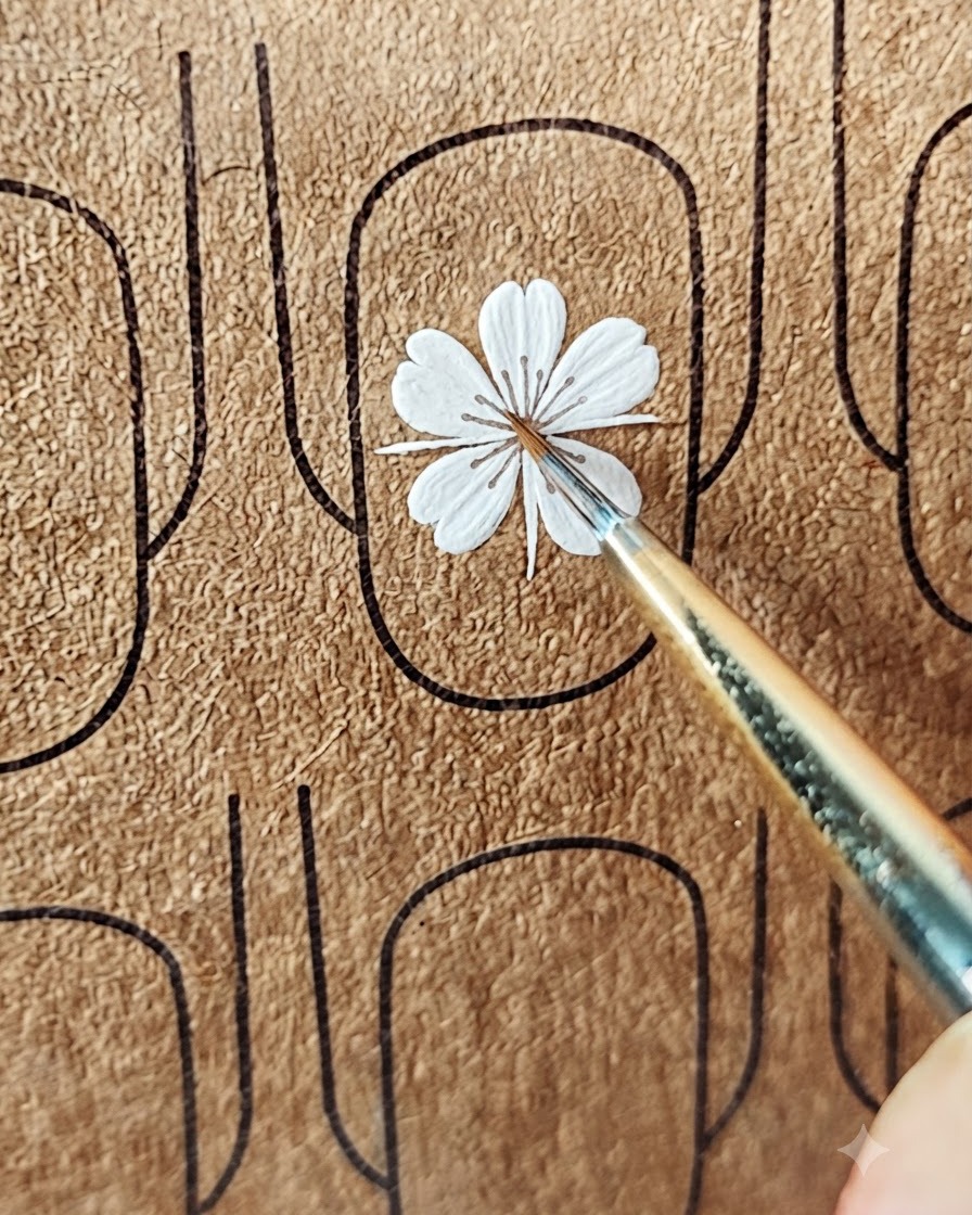 Un pincel de nail art añadiendo múltiples pétalos blancos alrededor de un punto central en una plantilla de uña.