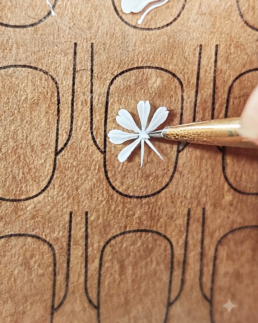 Un primer plano de un pincel de nail art pintando los pétalos finales de una margarita blanca.