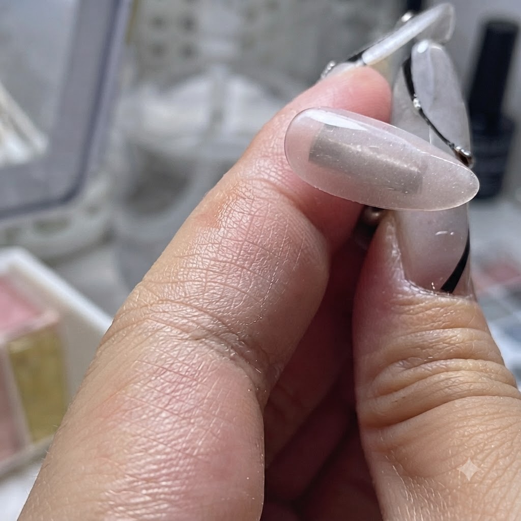 Cinta transparente siendo utilizada para levantar el polvo de la superficie limpia de una esponja de maquillaje.
