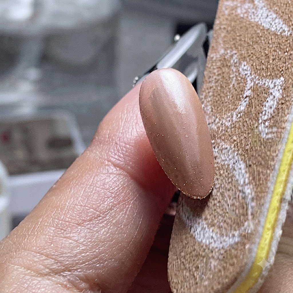 Un pincel aplicando una capa de gel base transparente sobre la superficie de una uña con color.