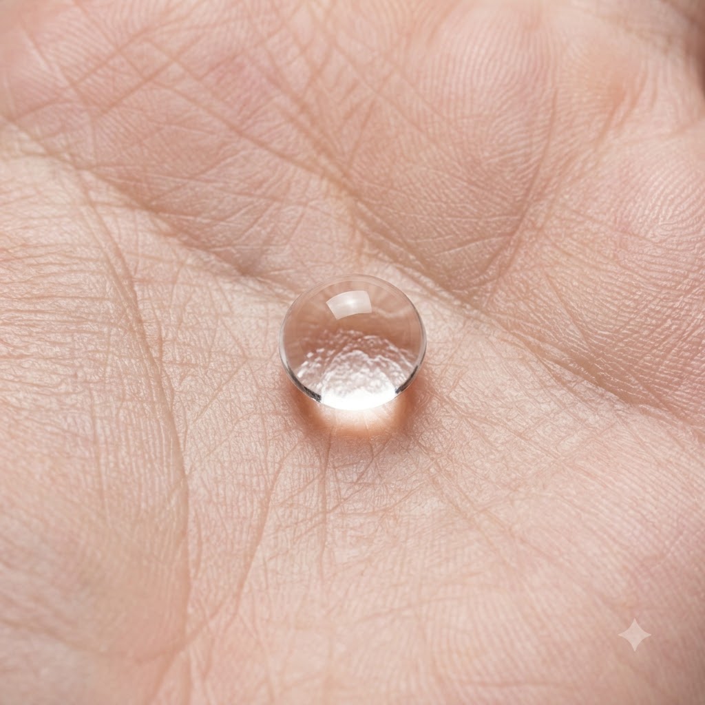 Una bola perfectamente redonda de gel suave transparente colocada sobre una superficie de piel texturizada.