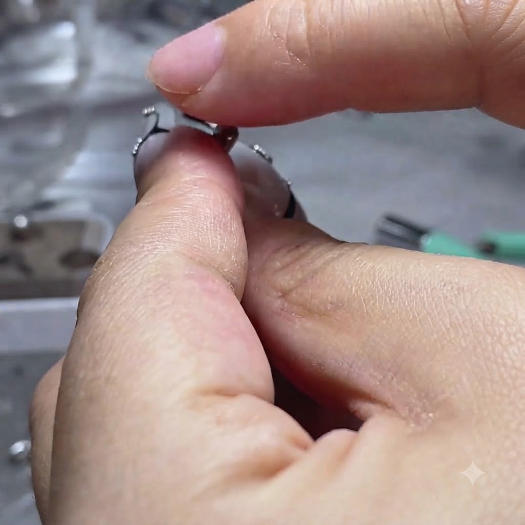 Un dedo presionando hacia abajo una bola de gel transparente sobre una placa de uña de práctica.