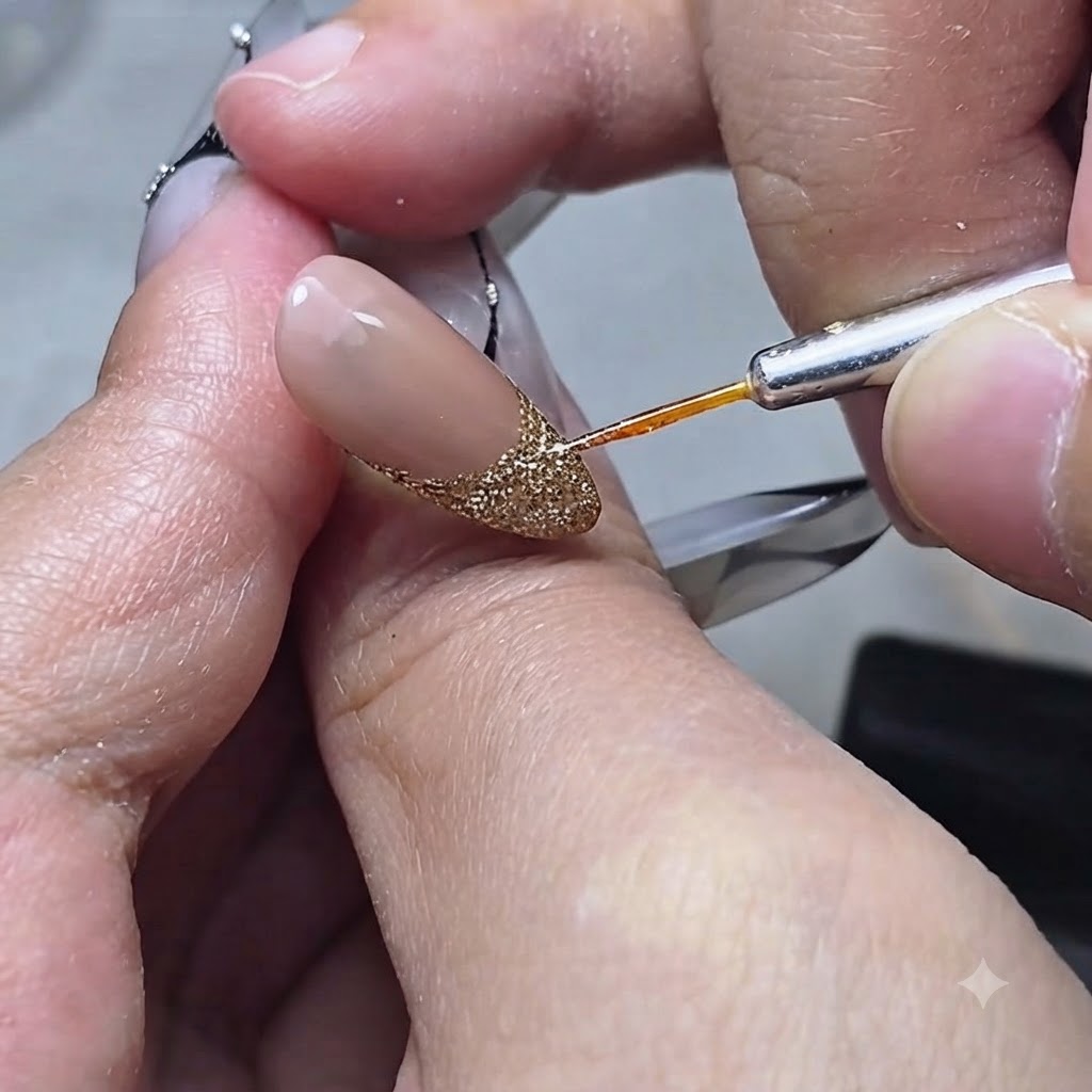 Una hebra fina de cabello sostenida cerca de una herramienta de uñas para una aplicación detallada de arte en uñas.