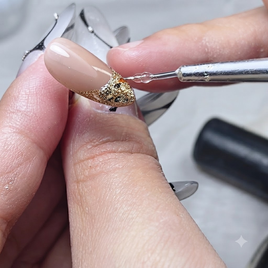 Un dedo tocando ligeramente el lateral de una uña con alcohol para suavizar y ajustar la forma.
