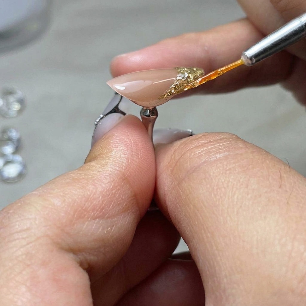 Una uña con un diseño de cuadrícula de diamante en 3D curando bajo la luz de una lámpara.
