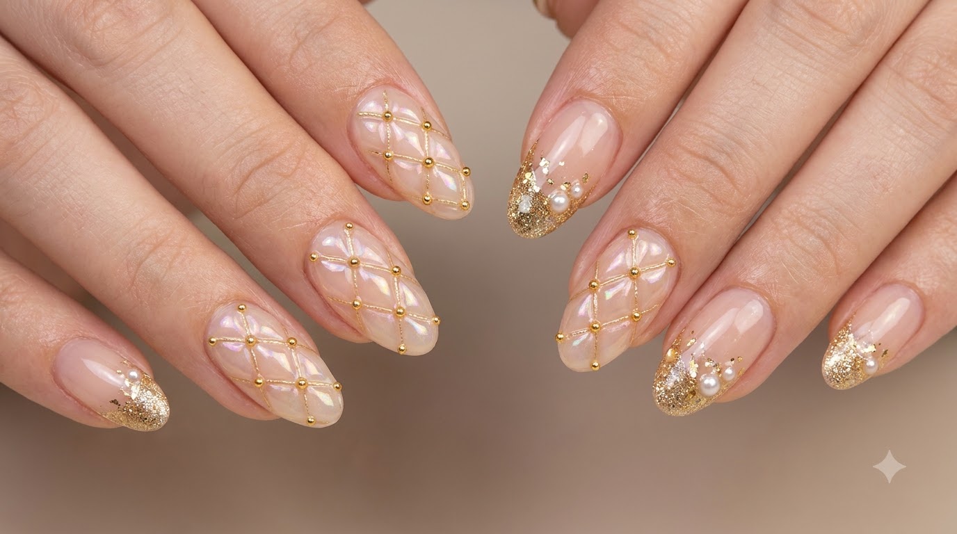 Uñas de Diamante Acolchadas de Lujo y Puntas Francesas con Purpurina Dorada — Tutorial Paso a Paso