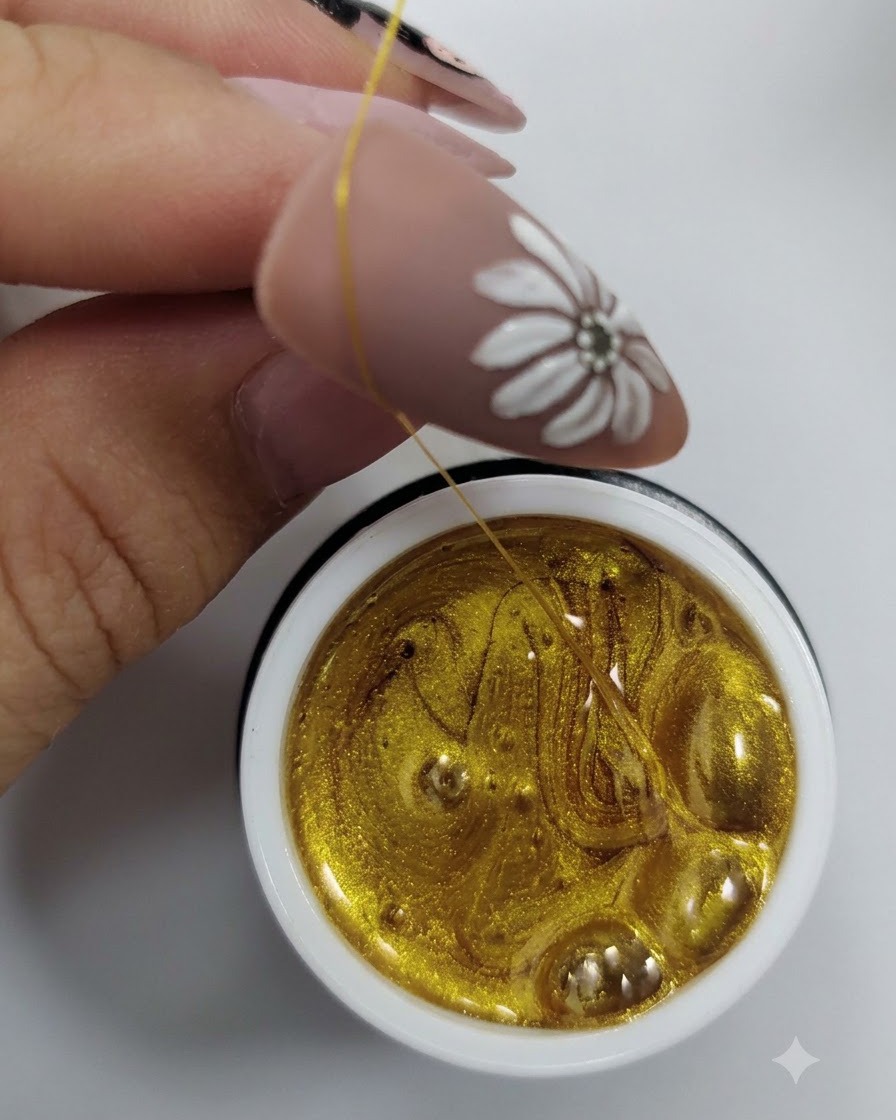 Un pincel fino tirando de un hilo delgado de gel dorado a través de una uña de color nude con un diseño de margarita blanca.