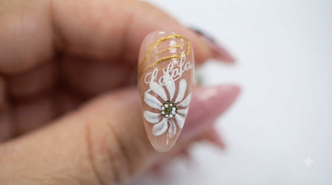 Diseño de uñas con margaritas y caligrafía dorada: Tutorial paso a paso