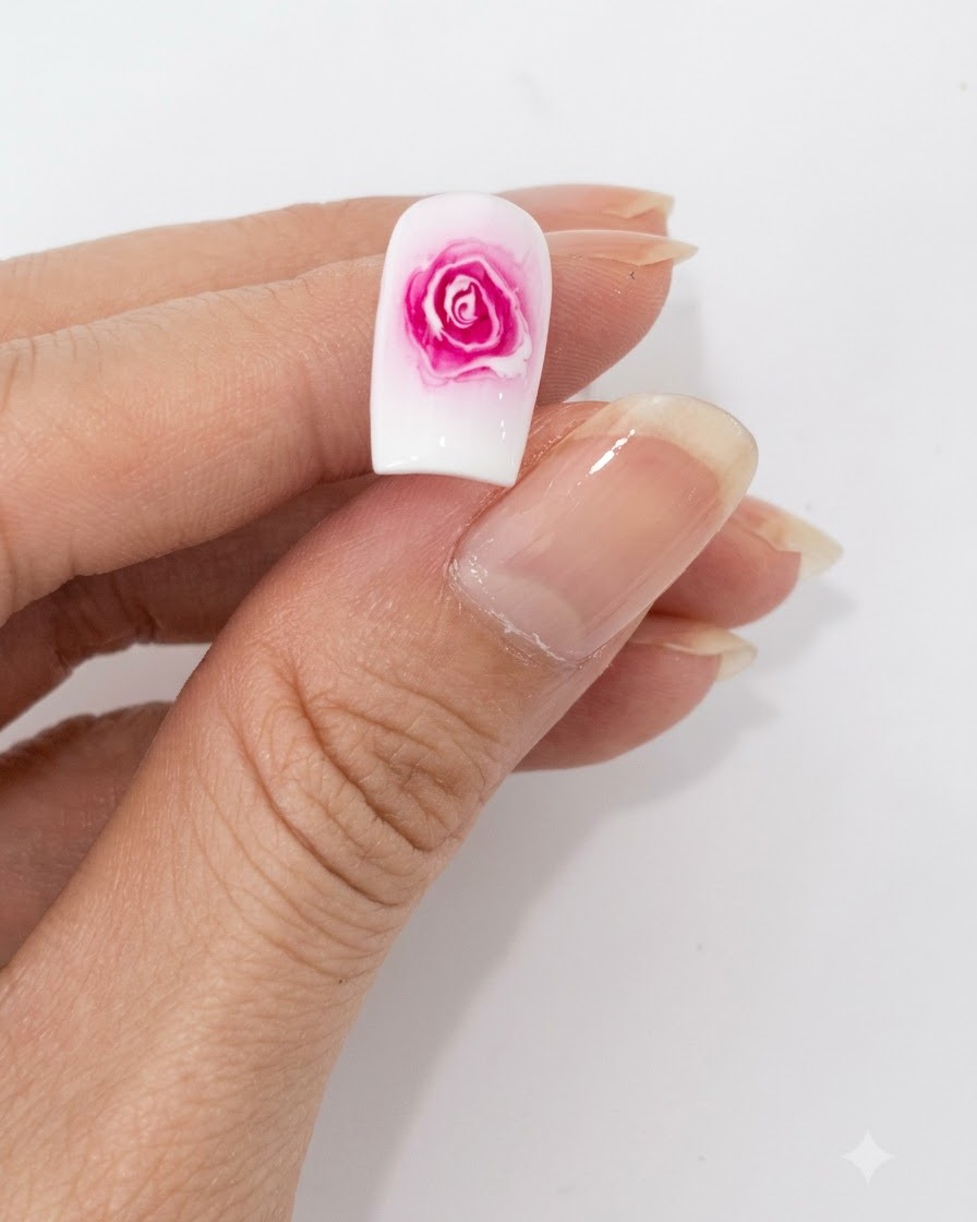 Un primer plano de una mano colocando una uña decorada bajo el brillo rosa de una lámpara de curado de uñas UV LED.