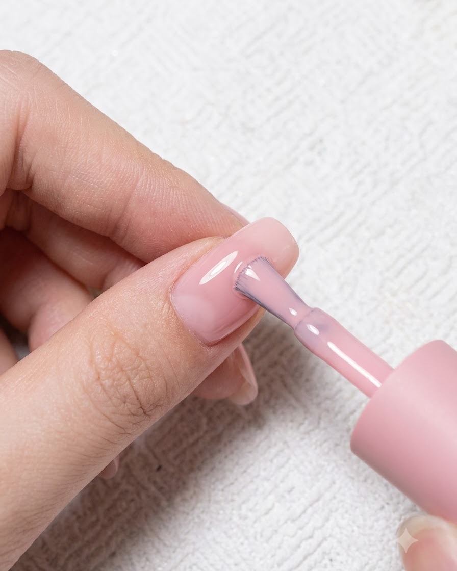 Un pincel de uñas aplica un esmalte en gel nude rosado claro sobre una uña natural.