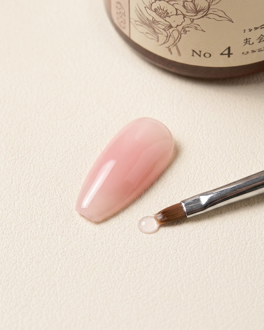 Un pincel de arte de uñas descansa cerca de una gota de blooming gel transparente sobre una textura de fondo junto a un frasco de producto etiquetado como No 4.