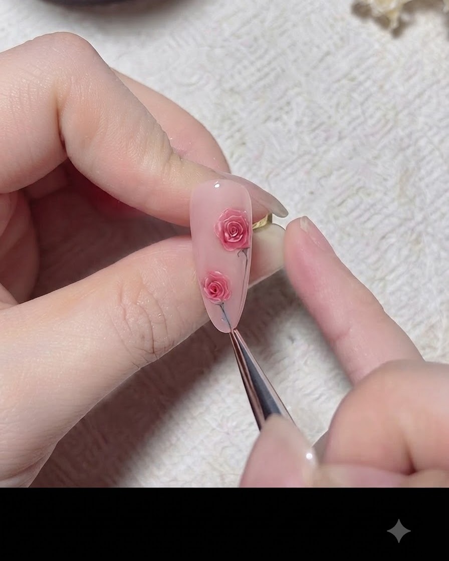 Un pincel fino pinta un tallo verde delgado y una hoja que conecta el arte de la rosa rosa en una uña.