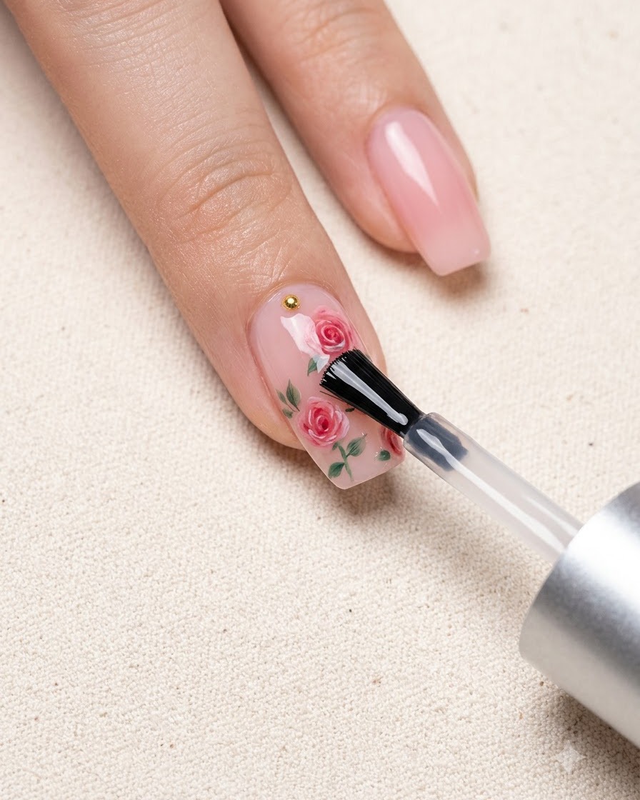 Un pincel aplica una capa superior transparente sobre un diseño de arte de uñas floral.