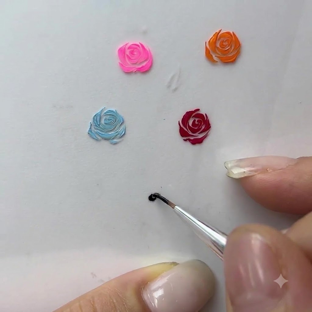 Un primer plano de una mano sosteniendo un pincel delineador fino, trazando líneas curvas para formar pétalos de rosa sobre una superficie blanca.