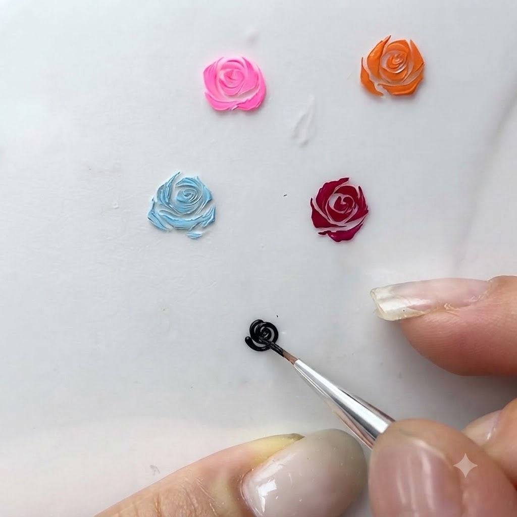 Una toma de cerca de un pincel fino añadiendo trazos curvos y envolventes alrededor de una rosa de gel en miniatura.