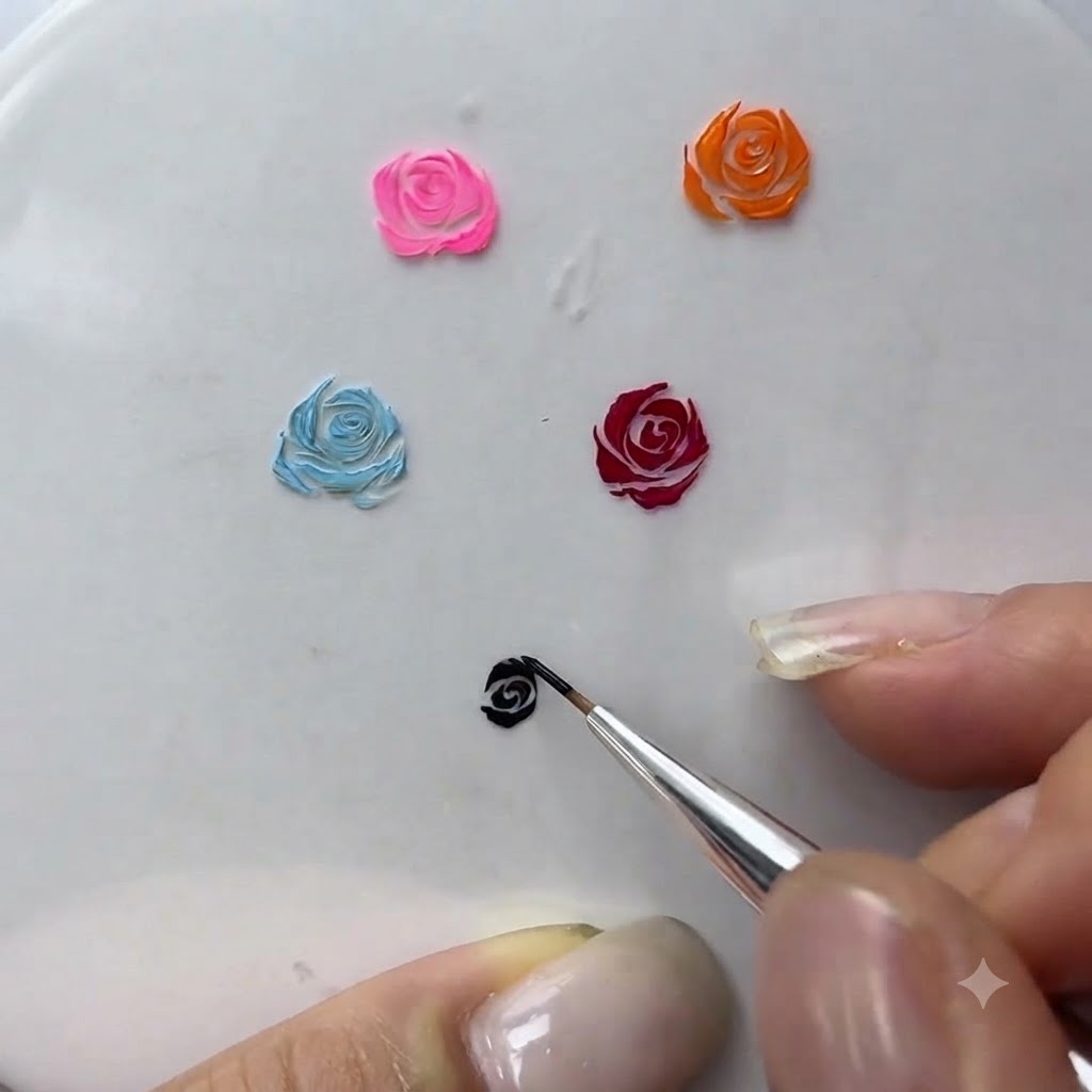 Una imagen cercana que muestra un pincel fino rellenando pequeños espacios entre pétalos de gel pintados.
