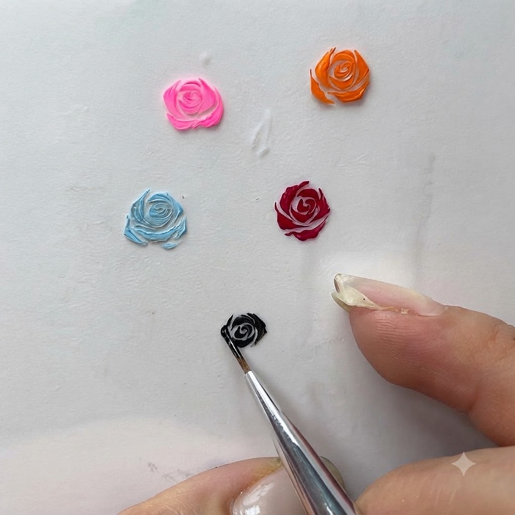 Un primer plano de un pincel delineador refinando meticulosamente los bordes exteriores de un diseño de rosa en gel pintado.
