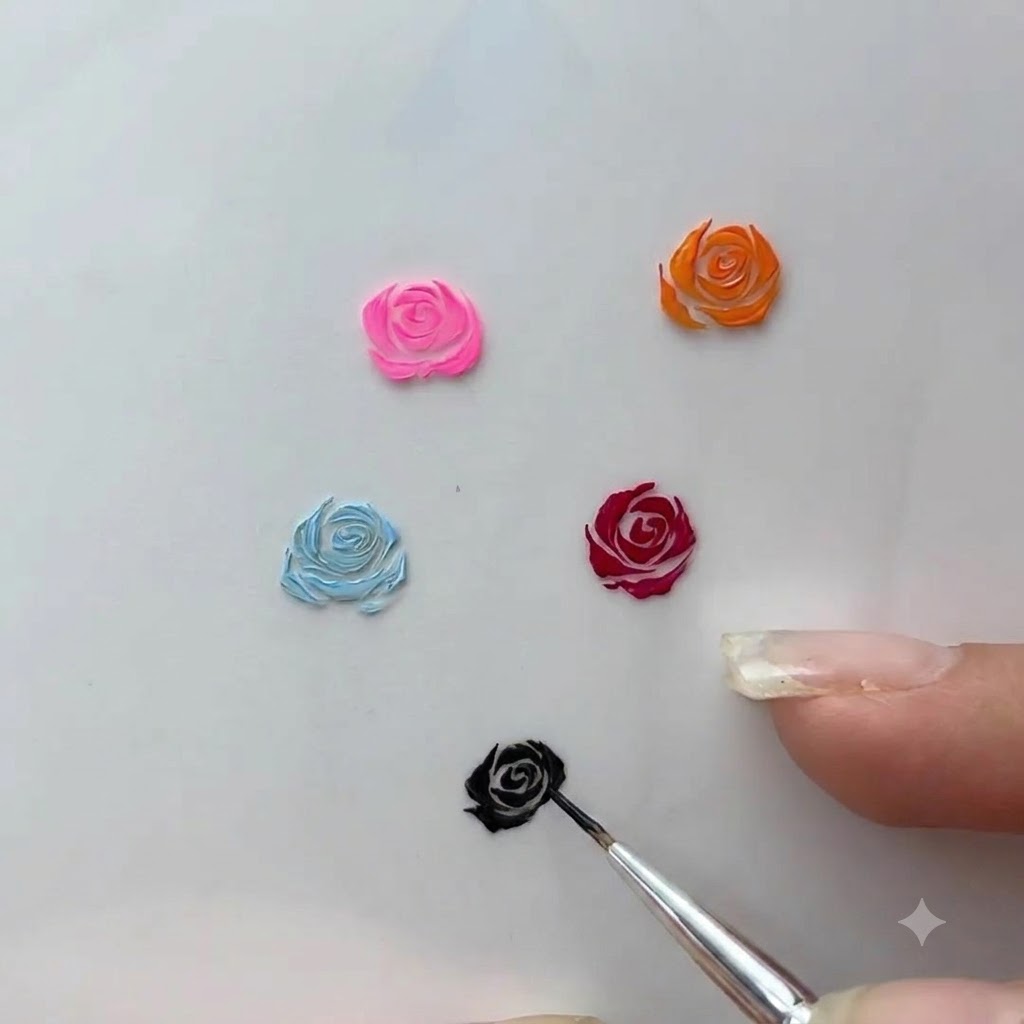 Un pincel delgado para detalles de nail art delineando trazos oscuros de espiral interna en un diseño pequeño de rosa en gel.