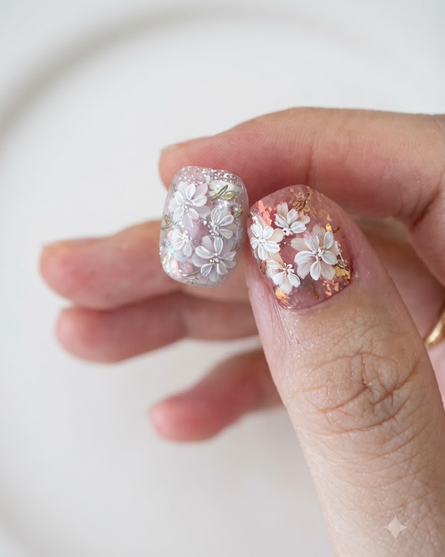 Gotas de esmalte en gel morado colocadas sobre la superficie mate de la uña.