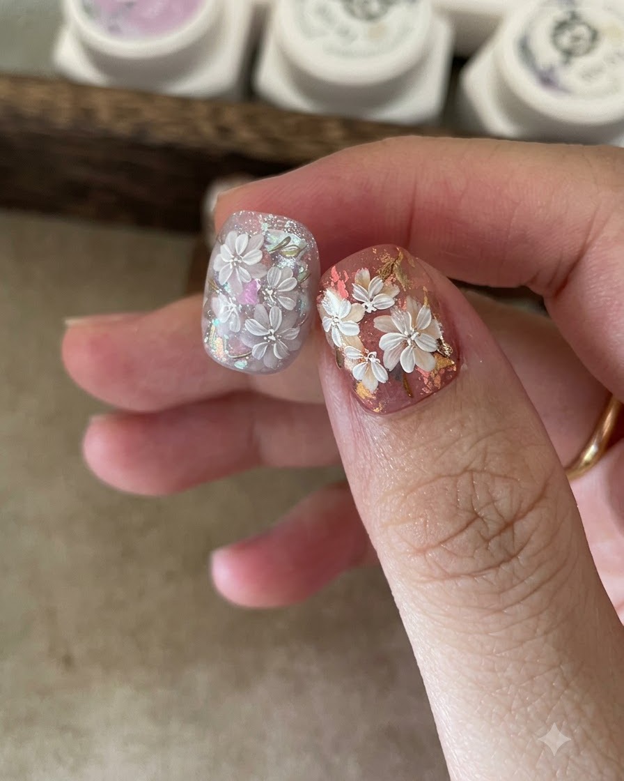 Un pincel aplicando una capa superior mate sobre un diseño de uñas floral pintado a mano.