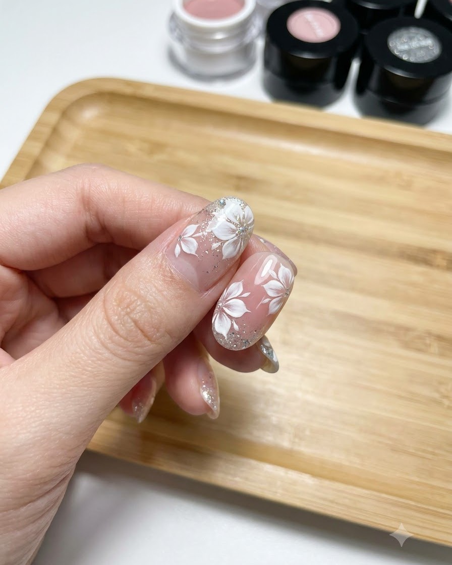 Un pincel de detalle fino aplicando pequeños puntos blancos en el centro de flores pintadas de blanco sobre una uña de gel natural.