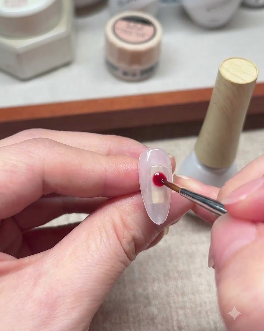 Un pincel delineador fino sumergiéndose en esmalte de gel blanco.