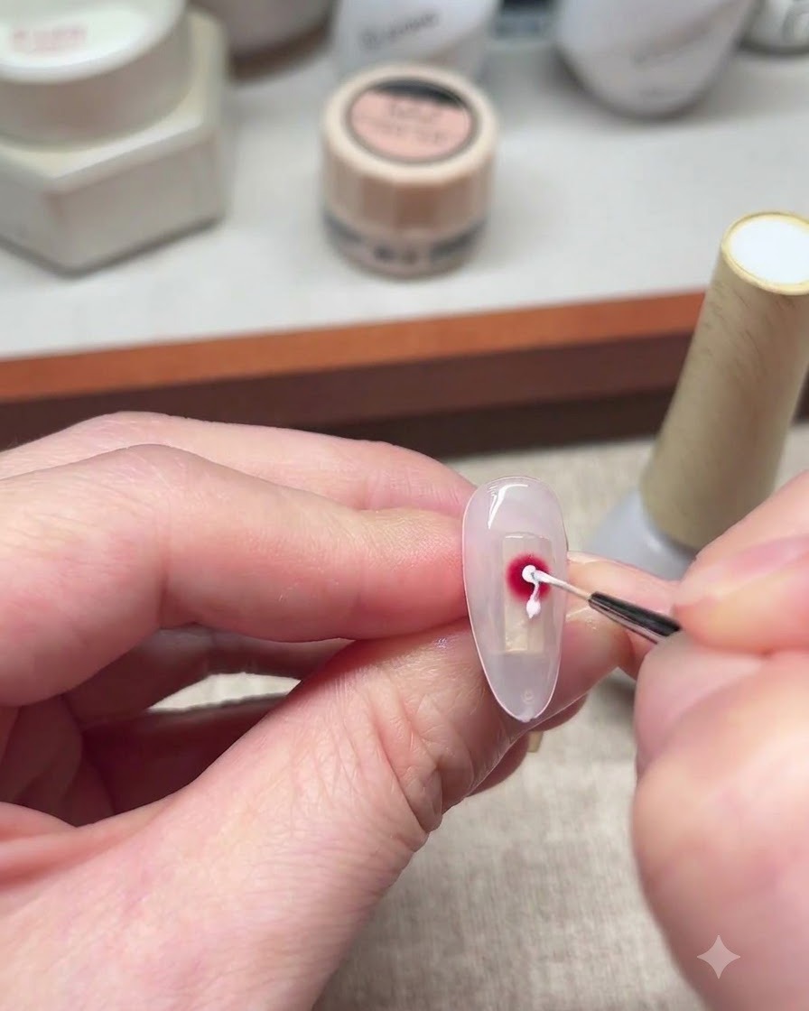 Un pincel delineador dibujando delicadas líneas en espiral blancas sobre el color rojo difuminado.