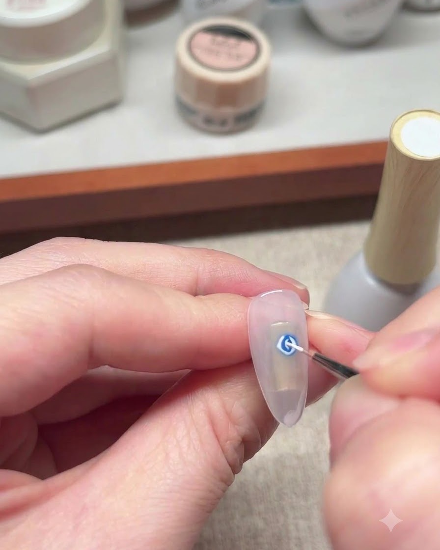 Un pincel delineador fino dibujando líneas en espiral blancas sobre el diseño de gel azul floreciente.
