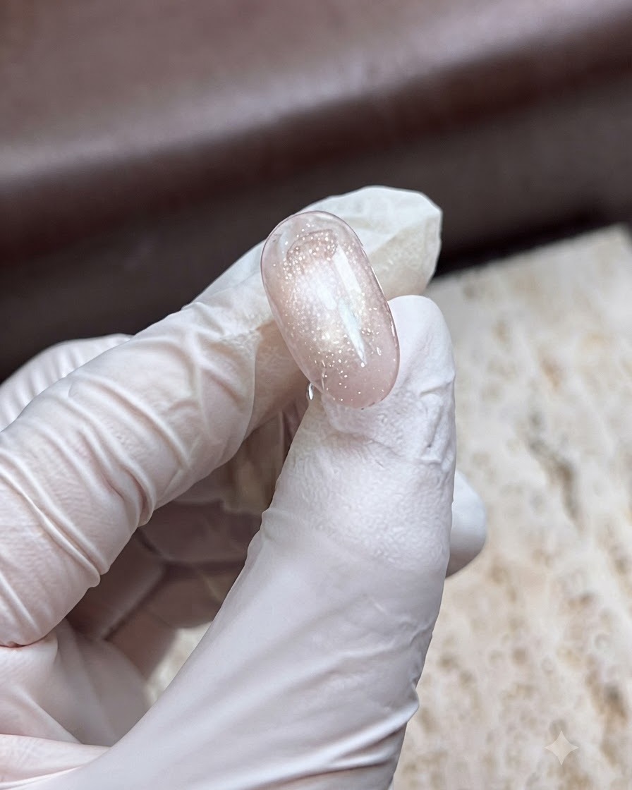 Una mano con guantes aplicando una capa gruesa de capa superior mate sobre una uña brillante con efecto ojo de gato.