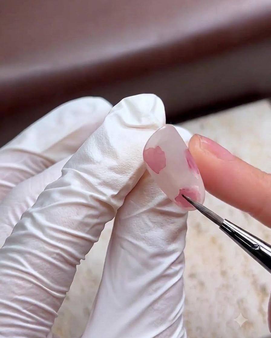 Un pincel fino aplicando pigmento de acuarela rosa sobre una uña para crear bloques de color suaves.