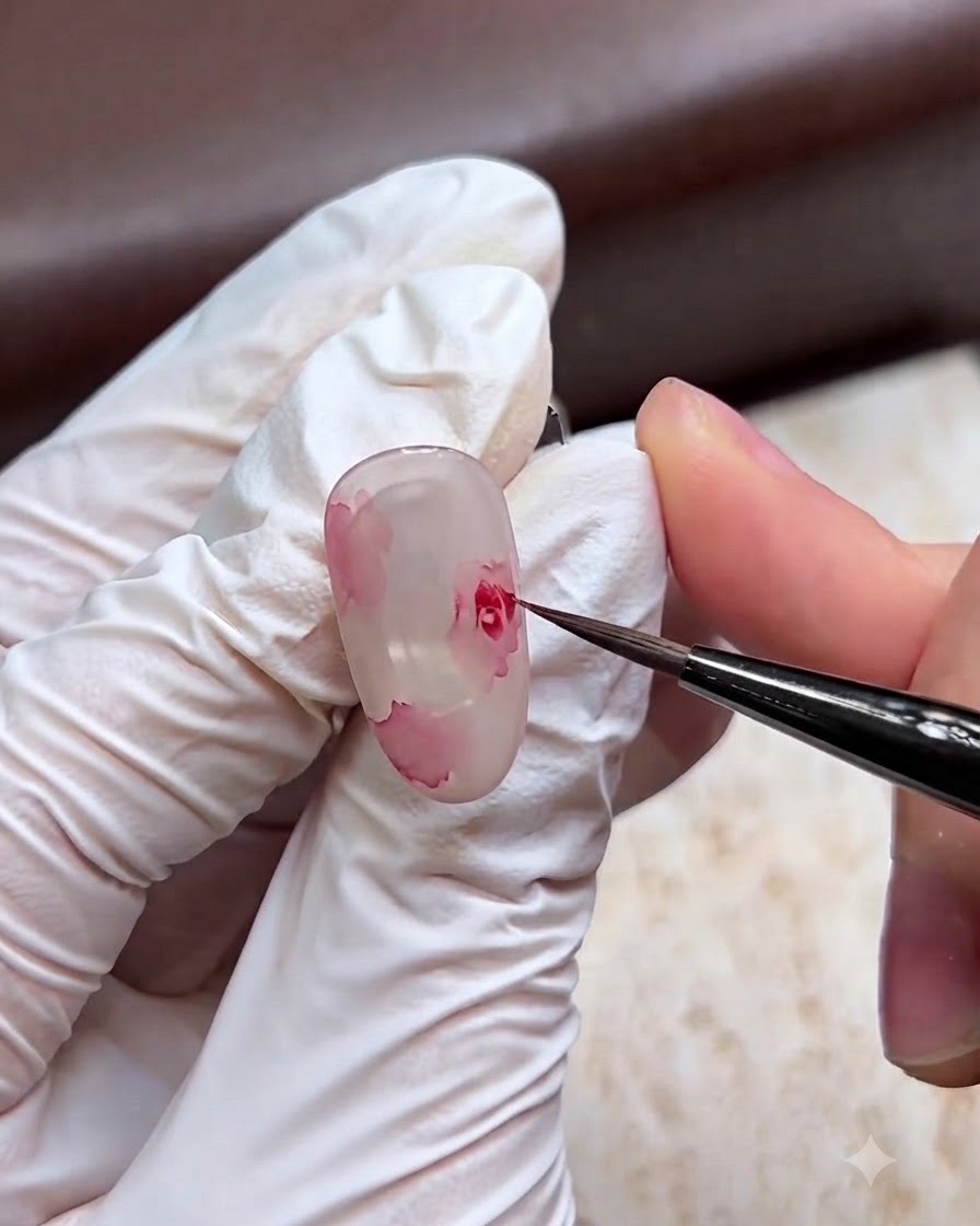 Un primer plano de una mano con guantes usando un pincel fino para pintar pétalos de rosa rosados en una uña translúcida lechosa.