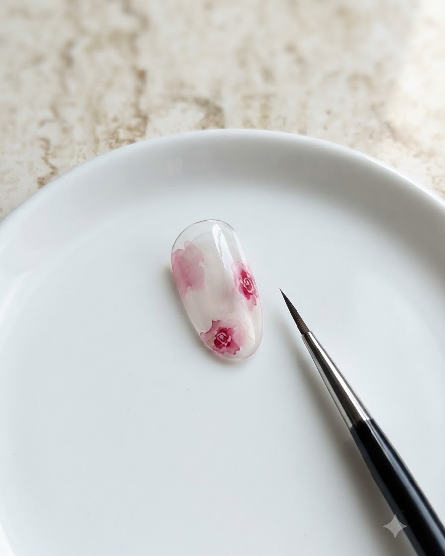 Una sola uña en forma de almendra apoyada sobre una superficie blanca, que presenta múltiples flores de rosa en acuarela.