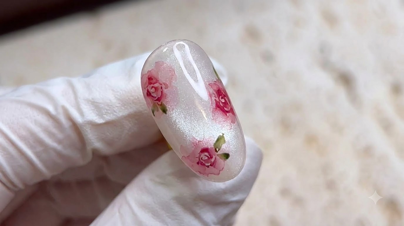 Tutorial de arte de uñas de rosas en acuarela — Diseño delicado con efecto ojo de gato y perla de vidrio